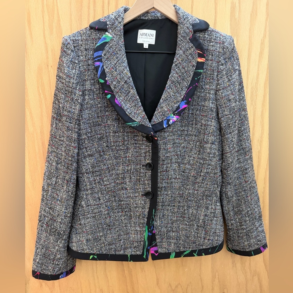 Armani Collezioni Women's Gray Tweed Blazer with Black Trim